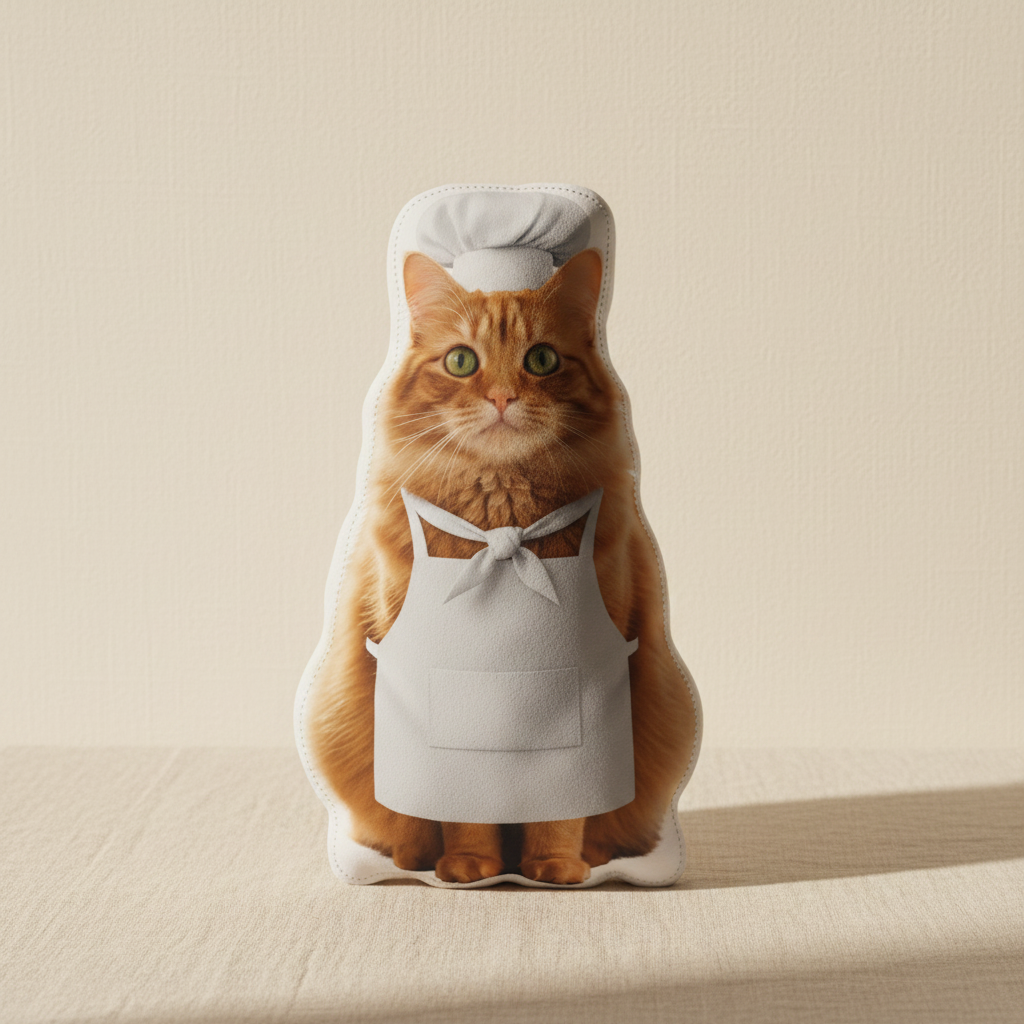 after — “Tabby cat in a tiny chef hat and apron”
