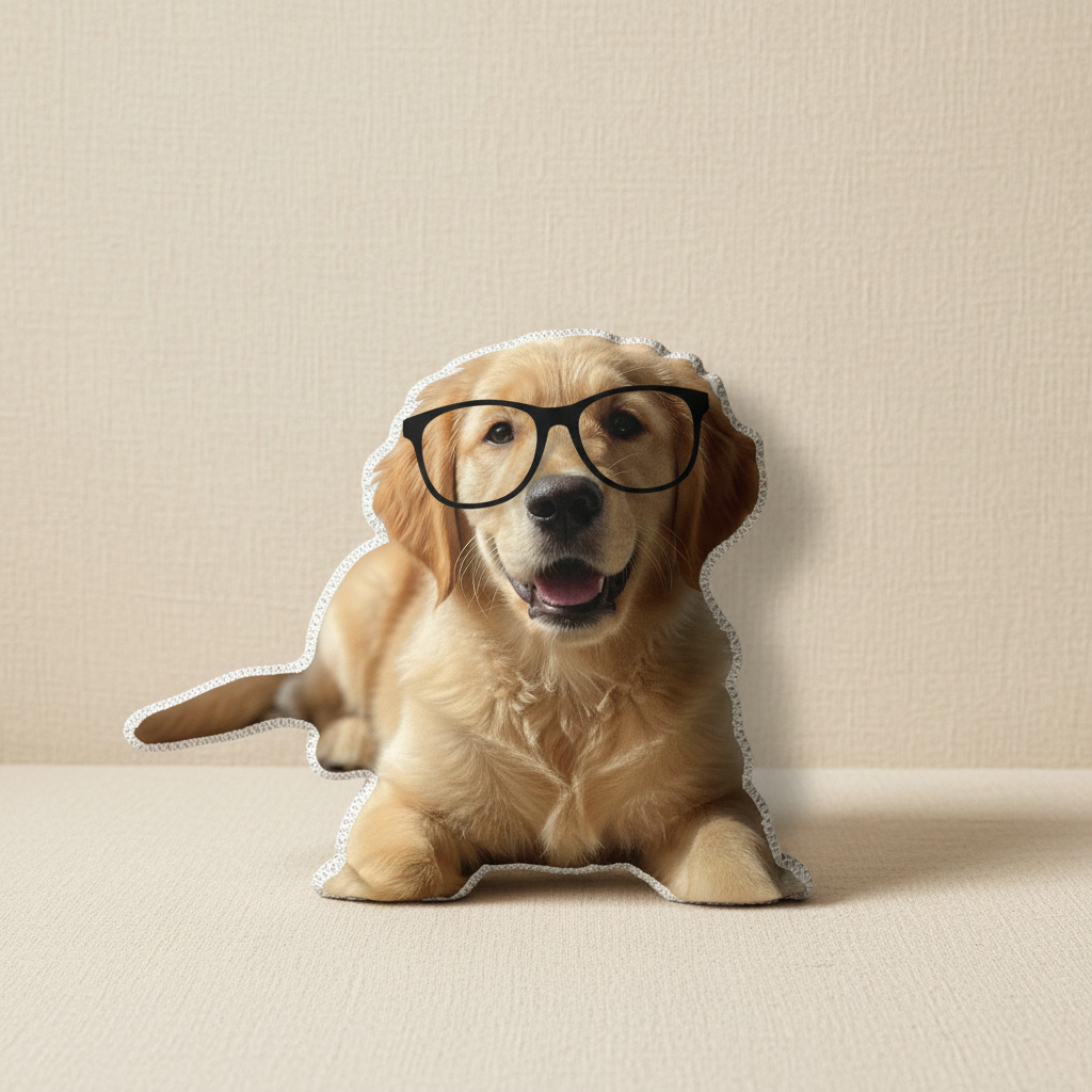after — “Golden retriever in black-rim professor glasses”