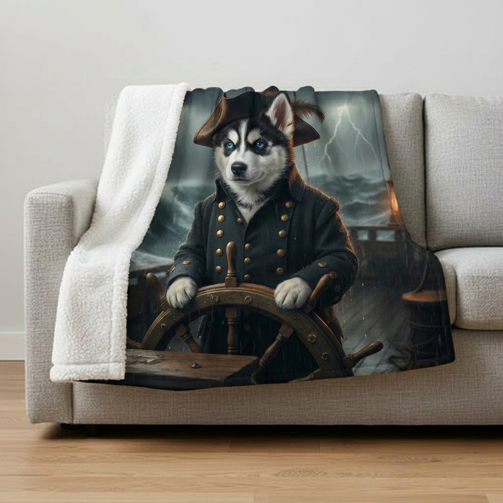 after — “Husky on a cozy fleece throw”