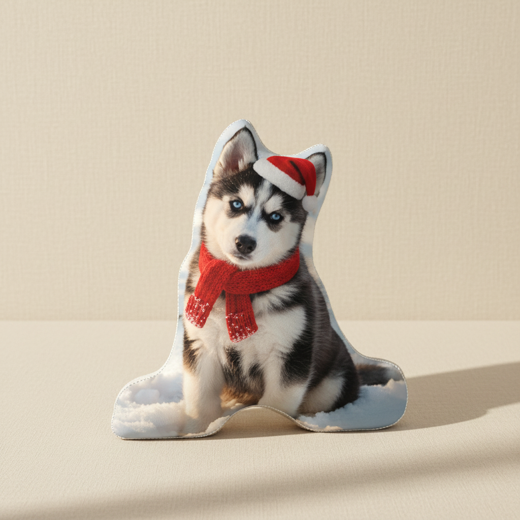 after — “Husky in a Santa hat and red scarf”