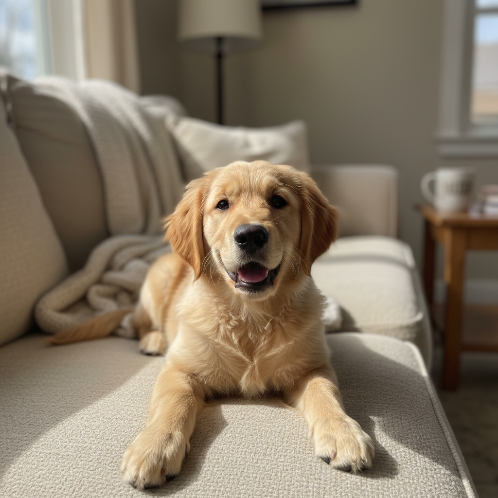before — “Golden retriever in black-rim professor glasses”